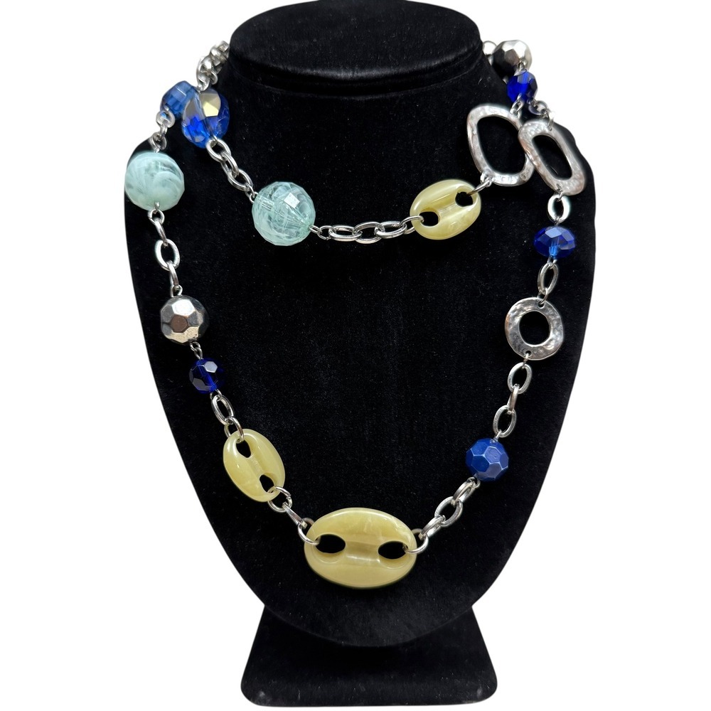 Beaded Statement Necklace Blue Green Yellow Silver Tone Chain Fashion Jewelry
